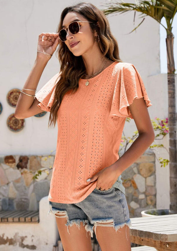 Katryna Short Sleeve Top in Peach Lace Effect