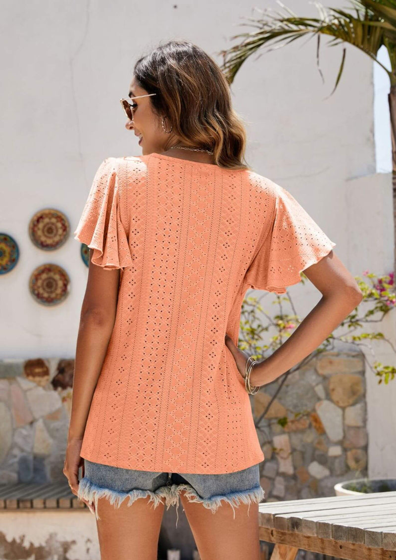 Katryna Short Sleeve Top in Peach Lace Effect