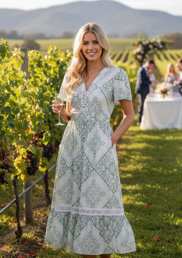 Kellayn Short Sleeve Midi Dress in Sage Block Print