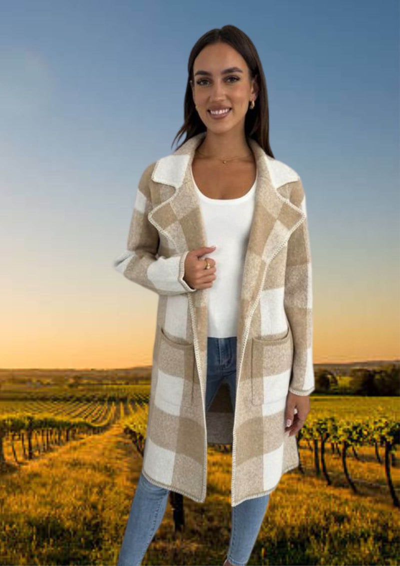 Knit Cardi Coatigan with Contrast Stitching in Beige Check