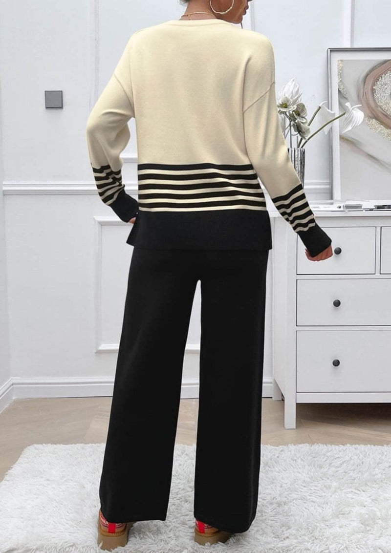 Knit Long Sleeve Top and Pants Lounge Set in Black and Ivory