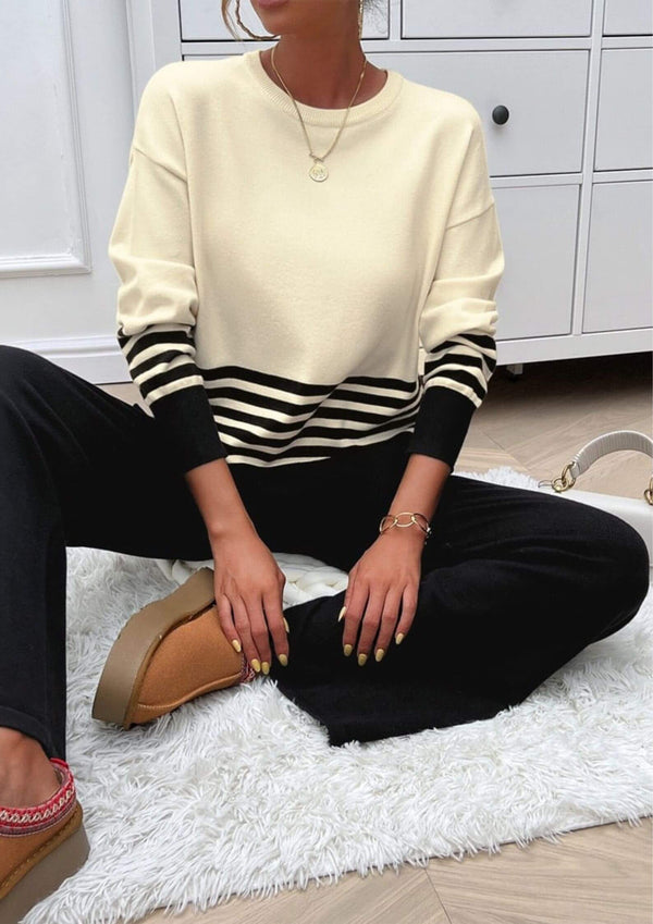 Knit Long Sleeve Top and Pants Lounge Set in Black and Ivory