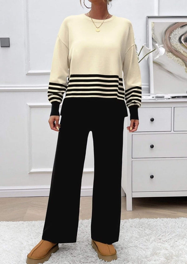 Knit Long Sleeve Top and Pants Lounge Set in Black and Ivory