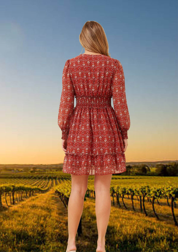 Kyra Long Sleeve Short Dress in Russet Print