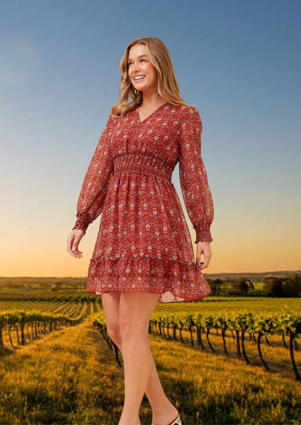 Kyra Long Sleeve Short Dress in Russet Print