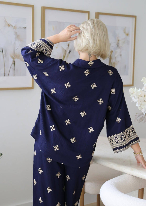 La Lita Embroidered Blouse Top in Navy