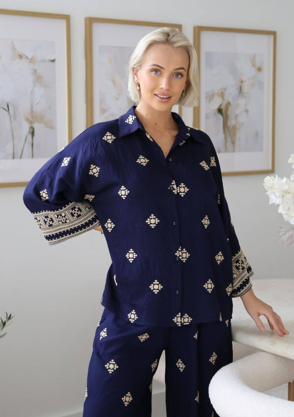 La Lita Embroidered Blouse Top in Navy