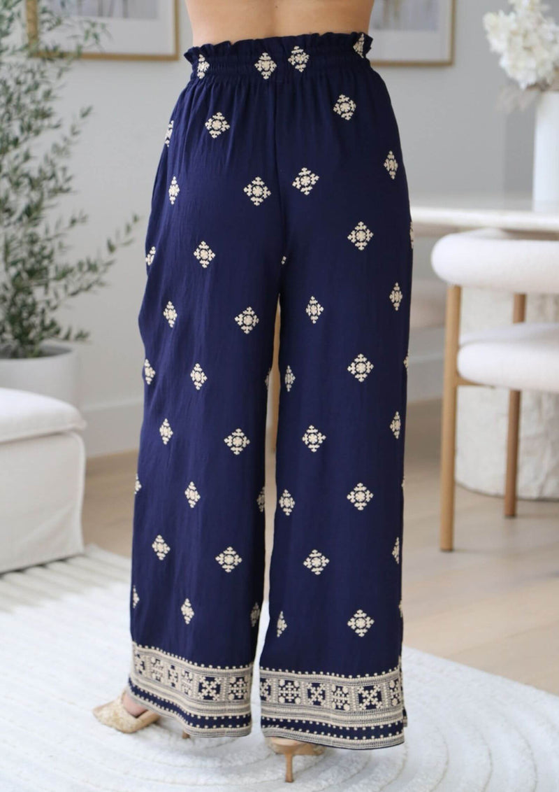 La Lita Embroidered Wide Leg Pants in Navy