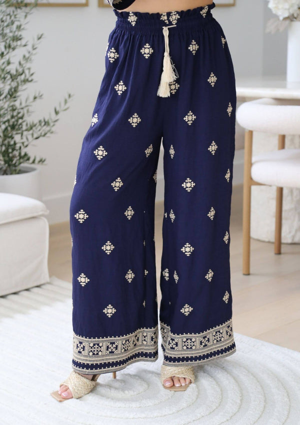 La Lita Embroidered Wide Leg Pants in Navy