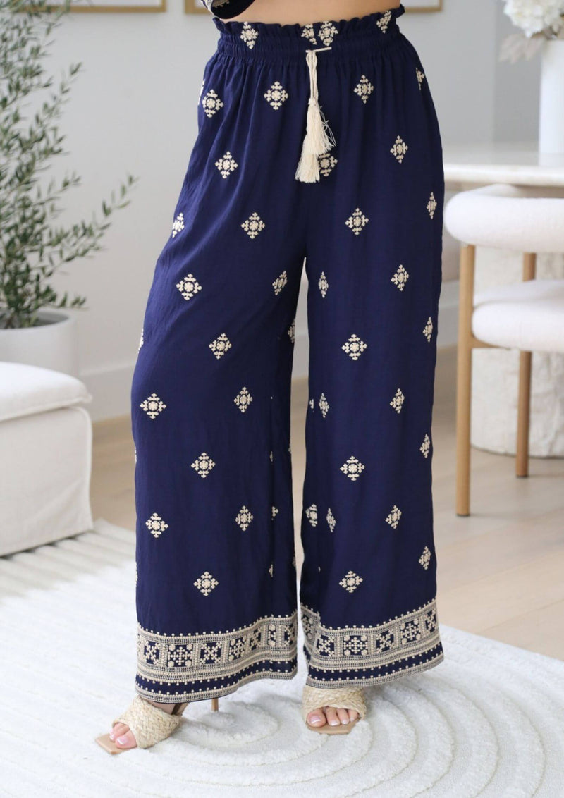 La Lita Embroidered Wide Leg Pants in Navy