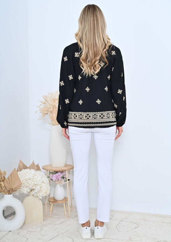La Quinta Embroidered Long Sleeve Top Blouse in Black