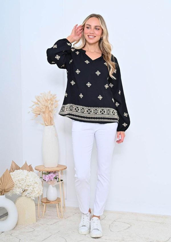 La Quinta Embroidered Long Sleeve Top Blouse in Black