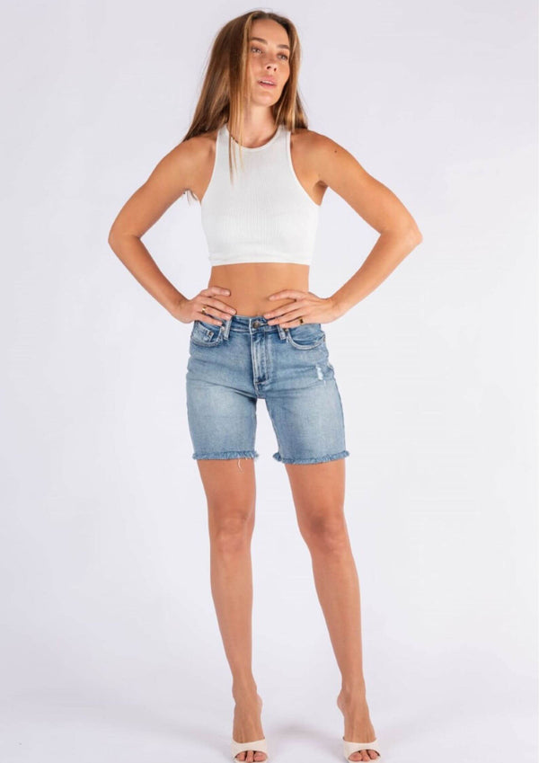 Little Longer Stretch Denim Wakee Shorts in Blue Wash