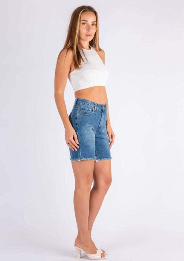 Little Longer Stretch Denim Wakee Shorts in Classic Blue