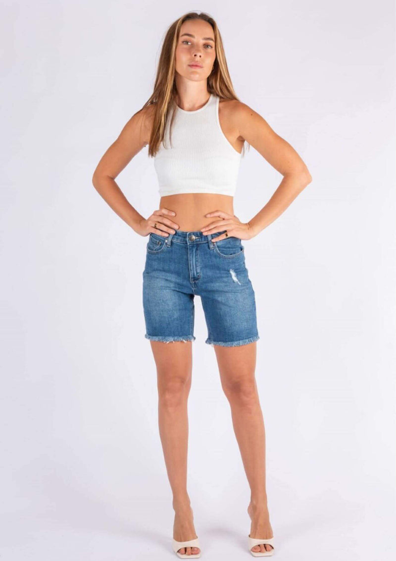 Little Longer Stretch Denim Wakee Shorts in Classic Blue