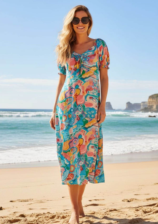 Mandy Short Sleeve Midi Dress in Blues and Pinks