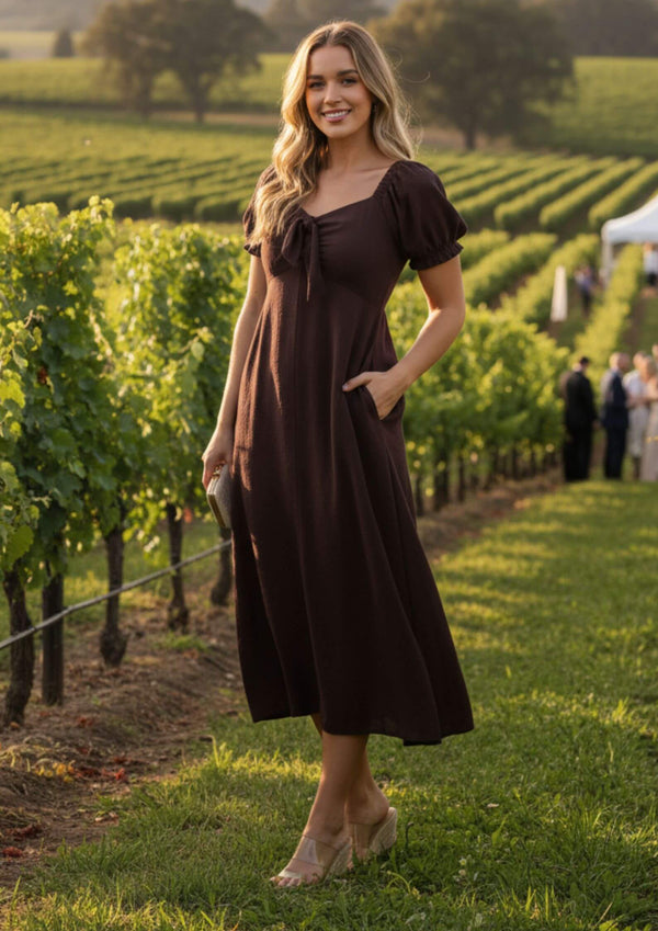 Mandy Short Sleeve Midi Dress in Chocolate