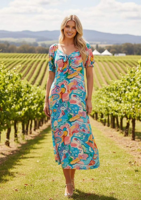 Mandy Short Sleeve Midi Dress in Blues and Pinks