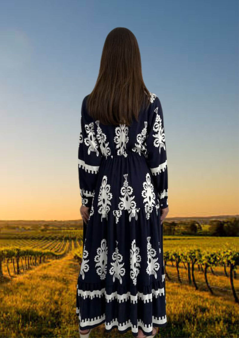 Margo Long Sleeve Midi Dress in Navy and White