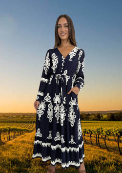 Margo Long Sleeve Midi Dress in Navy and White