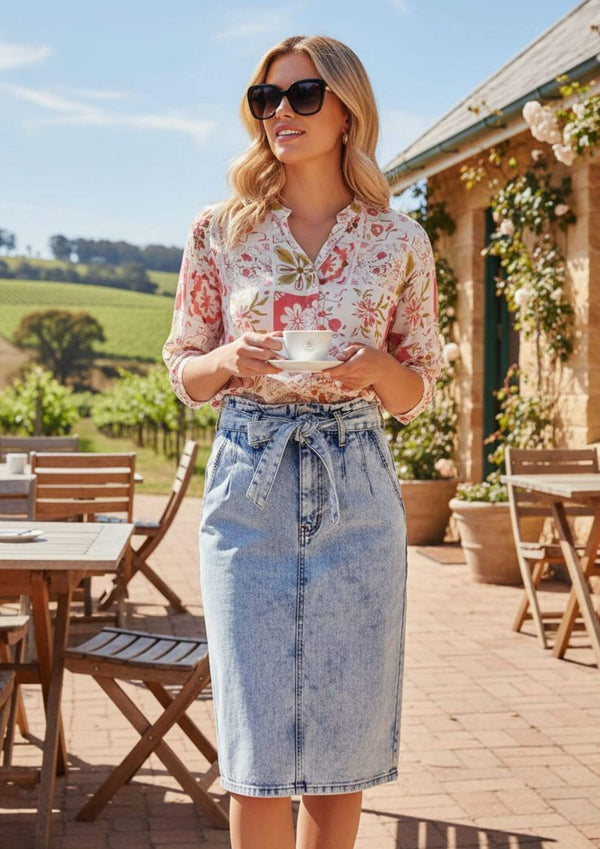 Meredith Half Sleeve Top Blouse in Pink Block Print