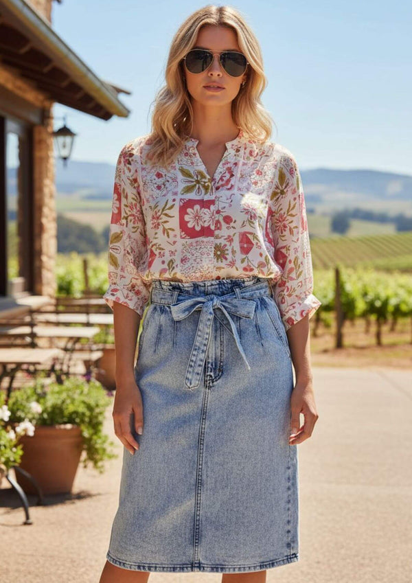 Meredith Half Sleeve Top Blouse in Pink Block Print