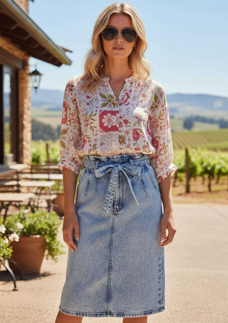Meredith Half Sleeve Top Blouse in Pink Block Print