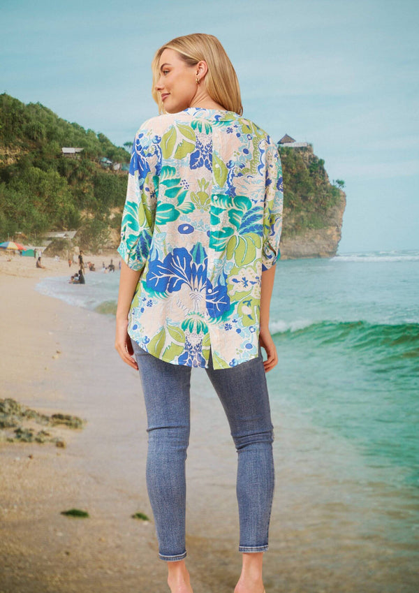 Meredith Half Sleeve Top Blouse in Aqua Blues Print
