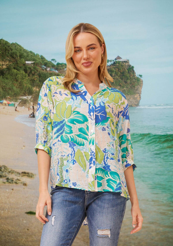 Meredith Half Sleeve Top Blouse in Aqua Blues Print