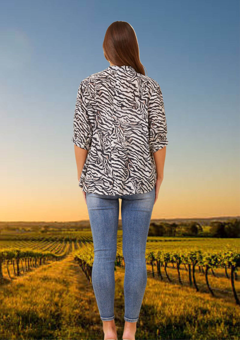 Meredith Half Sleeve Top Blouse in Black Animal Print