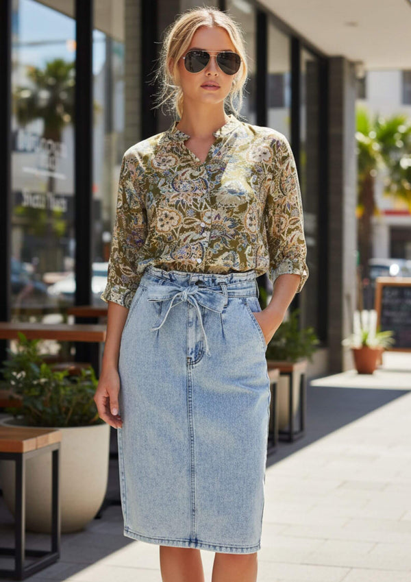 Meredith Half Sleeve Top Blouse in Chartreuse Print