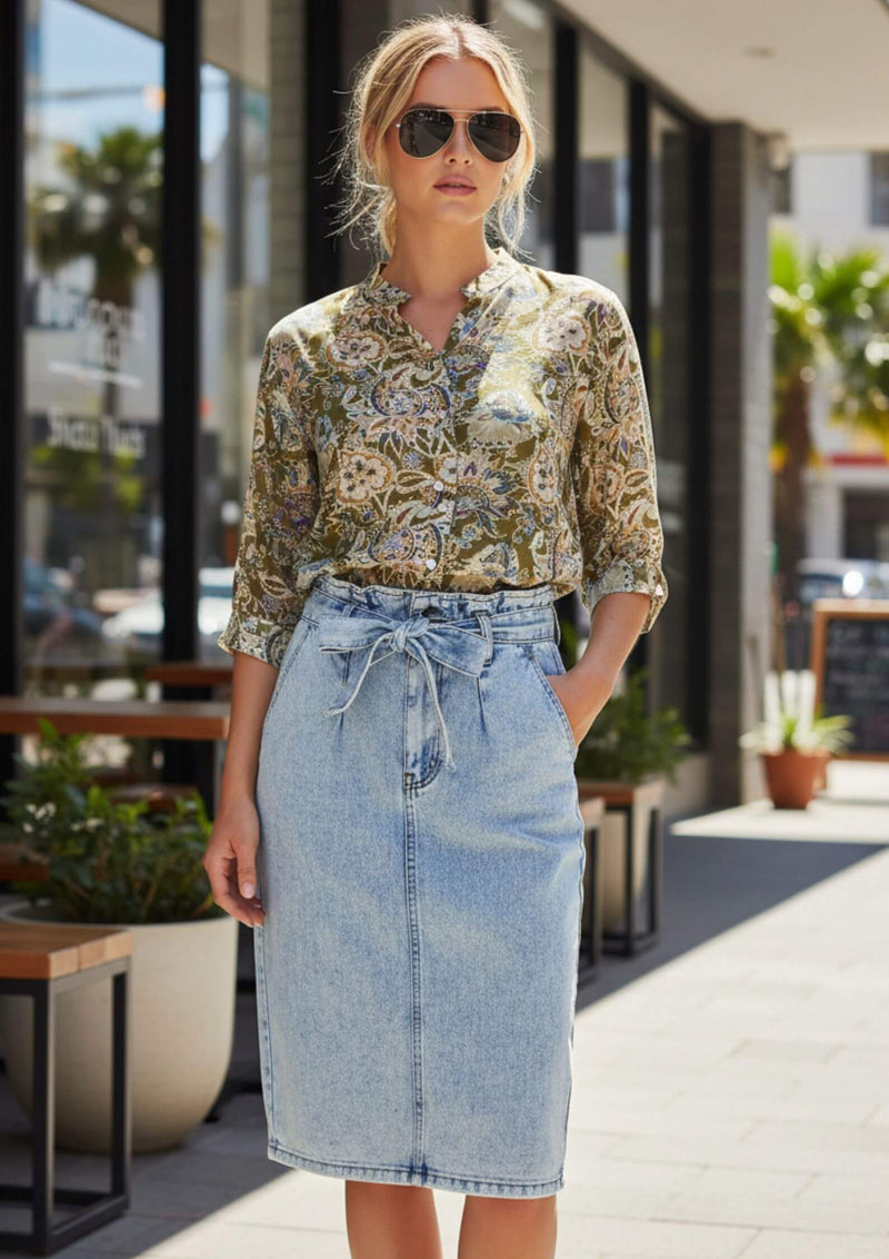 Meredith Half Sleeve Top Blouse in Chartreuse Print