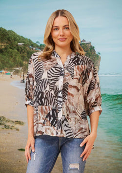 Meredith Half Sleeve Top Blouse in Choc Animal Print