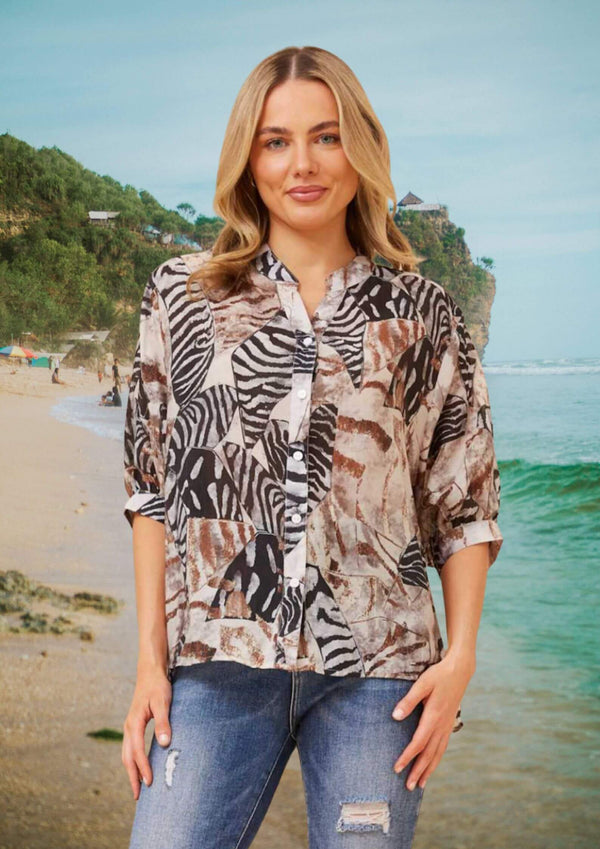 Meredith Half Sleeve Top Blouse in Choc Animal Print