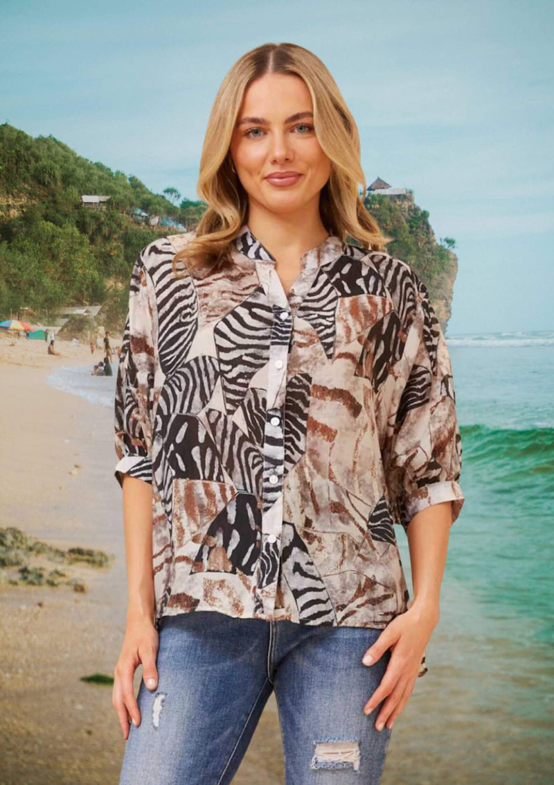 Meredith Half Sleeve Top Blouse in Choc Animal Print