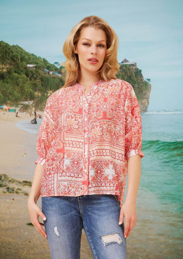 Meredith Half Sleeve Top Blouse in Coral Print