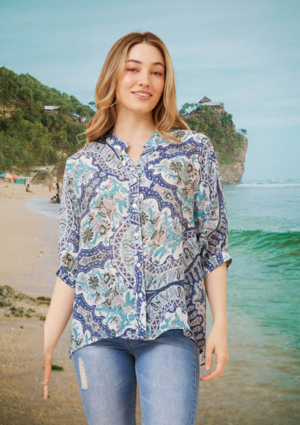 Meredith Half Sleeve Top Blouse in Dusty Blues Print