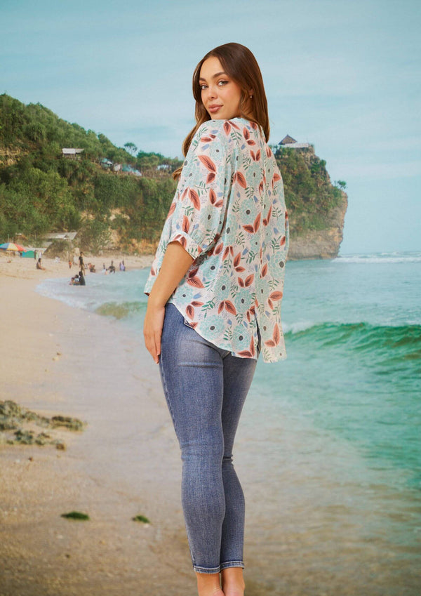 Meredith Half Sleeve Top Blouse in Mint Floral Print