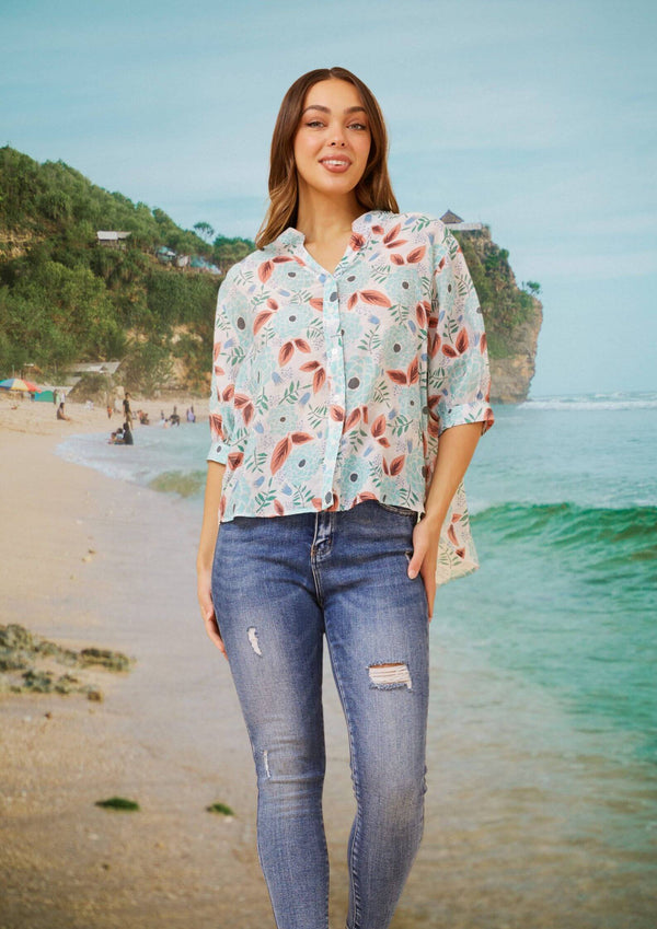 Meredith Half Sleeve Top Blouse in Mint Floral Print