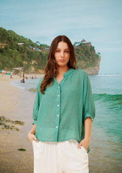 Meredith Half Sleeve Top Blouse in Moss Green
