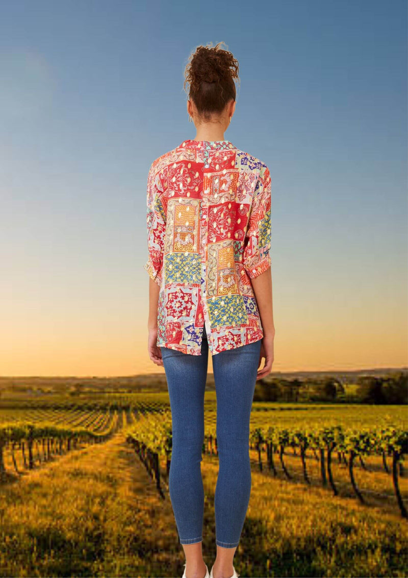 Meredith Half Sleeve Top Blouse in Red and Gold Print
