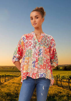 Meredith Half Sleeve Top Blouse in Red and Gold Print
