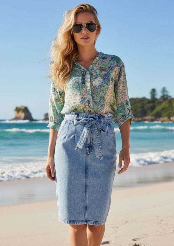 Meredith Half Sleeve Top Blouse in Sea Glass Print