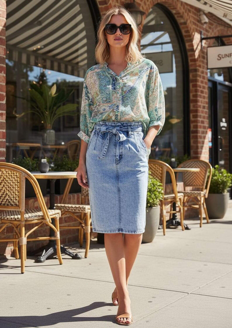 Meredith Half Sleeve Top Blouse in Sea Glass Print