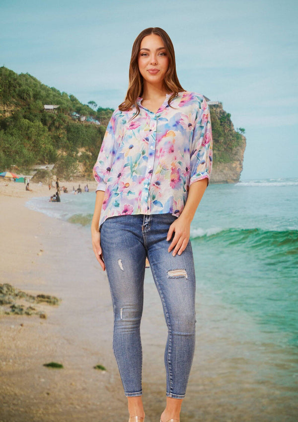 Meredith Half Sleeve Top Blouse in Watercolour Florals
