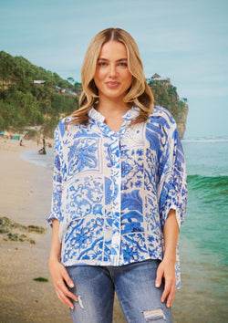 Meredith Half Sleeve Top Blouse in White and Blue Print
