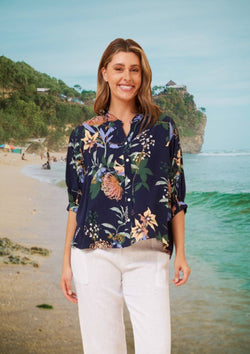 Merrina Half Sleeve Top Blouse in Navy Floral Print