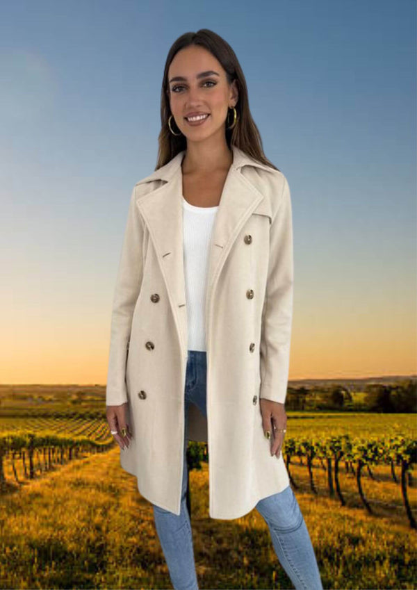 Nina Suede Style Stretch Trench Coat in Neutral Ivory