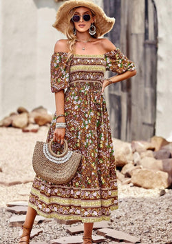 On or Off Shoulder Midi Dress in Choc Floral