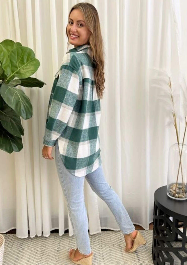 Oversized Shacket Top in Emerald Plaid Check